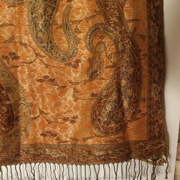 NWOT Orange and Browns with Silver Threads Scarf or Stole/Wrap - Picture 5 of 8